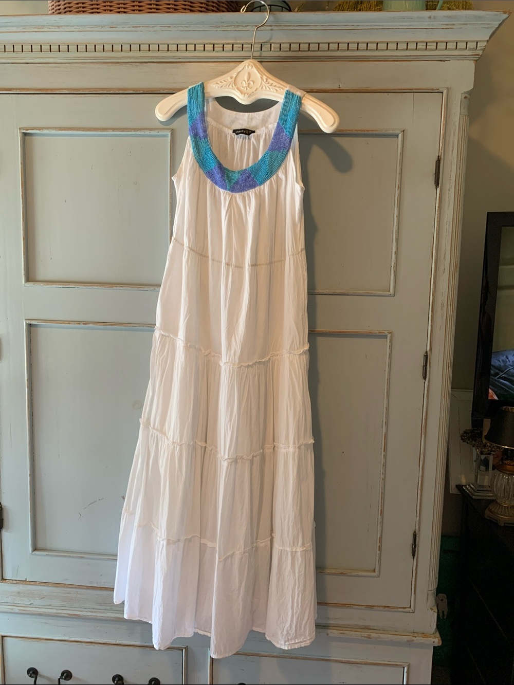Anthropologie Chaundry Boho Maxi dress turquoise/blue beaded neckline Size Small